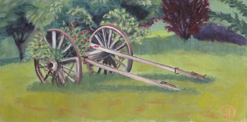 Old cart with roses.jpg - Old cart with roses Water-soluble oil on canvas, 8 x 16" (20.3 x 40.6 cm) Completed April 2019